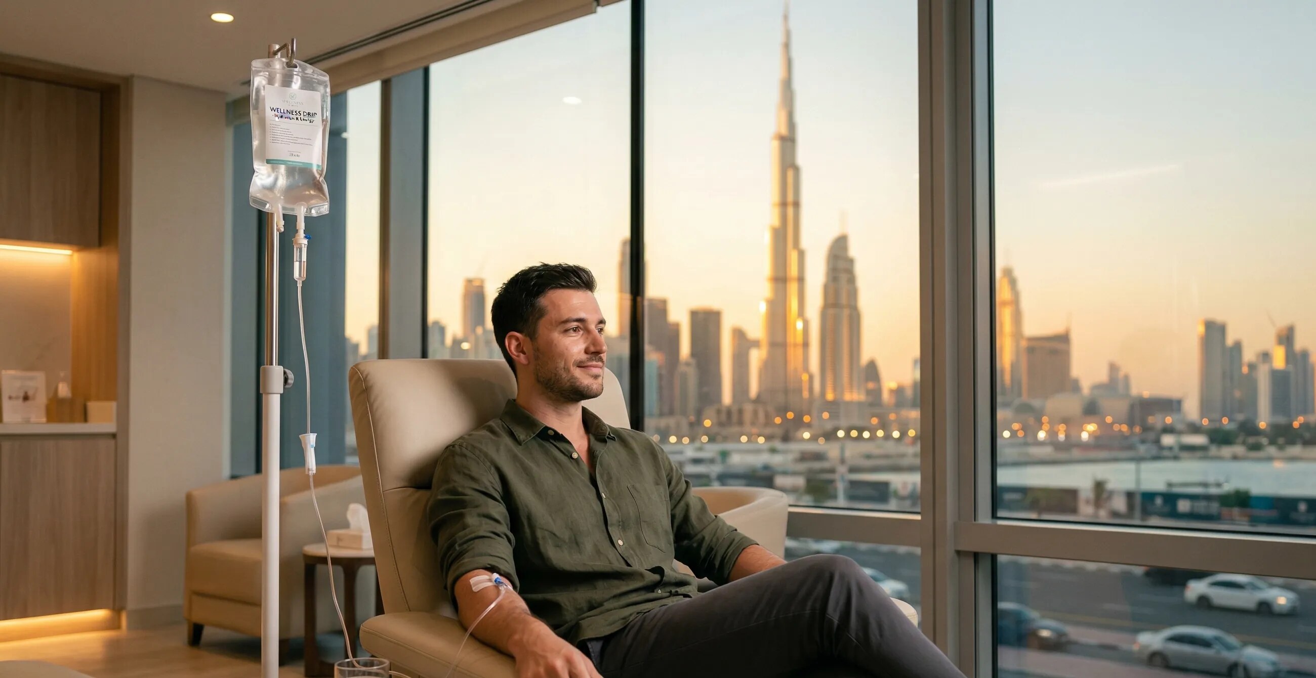 Man receiving IV therapy with Dubai skyline